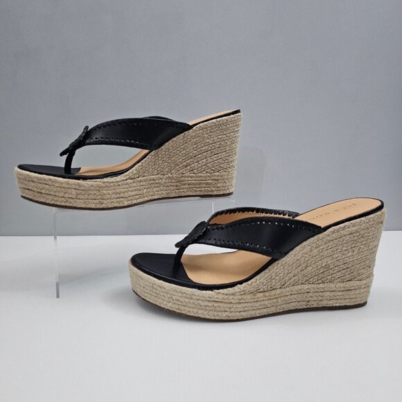 NEW Jack Rogers Rowan Wedge Women 11 Black Leather Thong Jute Sandal Espadrille - Picture 2 of 13